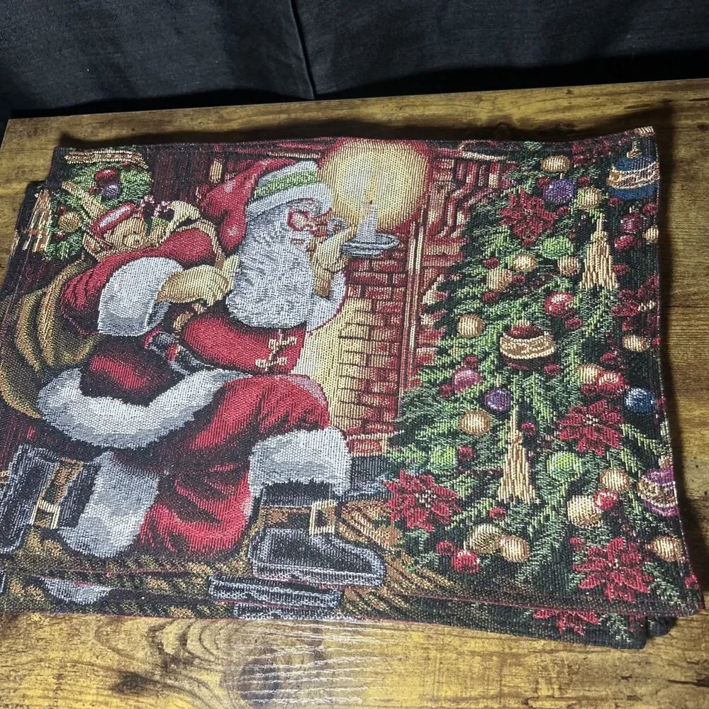 SANTA Placemats Set of 4 & Table Runner Classic CHRISTMAS Sack Gifts Tapestry
